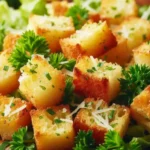 Homemade garlic croutons cooking in a nonstick pan with olive oil and butter