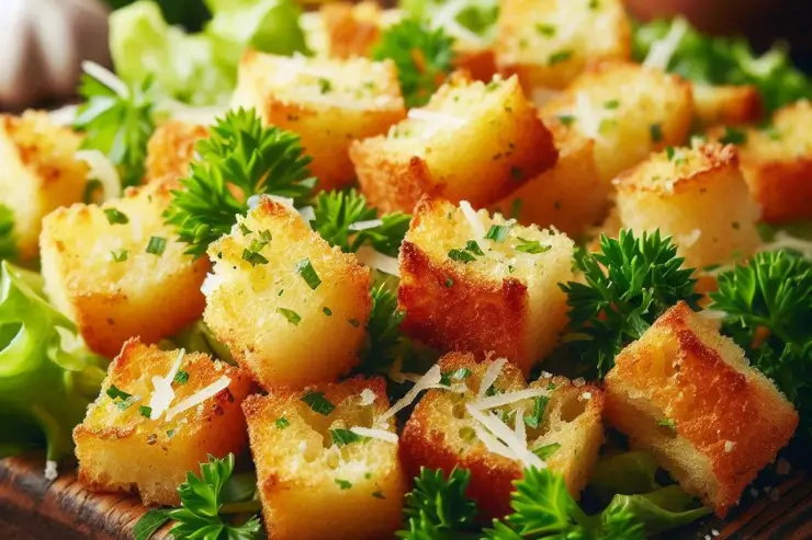 Homemade garlic croutons cooking in a nonstick pan with olive oil and butter