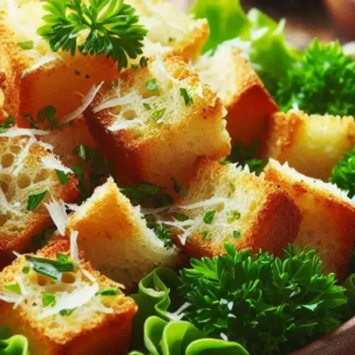 Crispy garlic croutons on a fresh green salad with parsley and parmesan