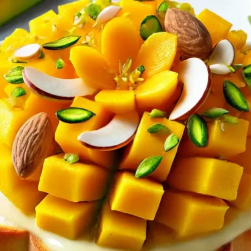 Toasted bread roundels soaked in mango rabdi, garnished with almonds and fresh mango slices.