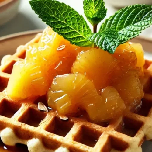 the crispy waffles with a glossy pineapple syrup and a fresh mint garnish, creating a visually appealing and healthy dish perfect for a Sunday brunch